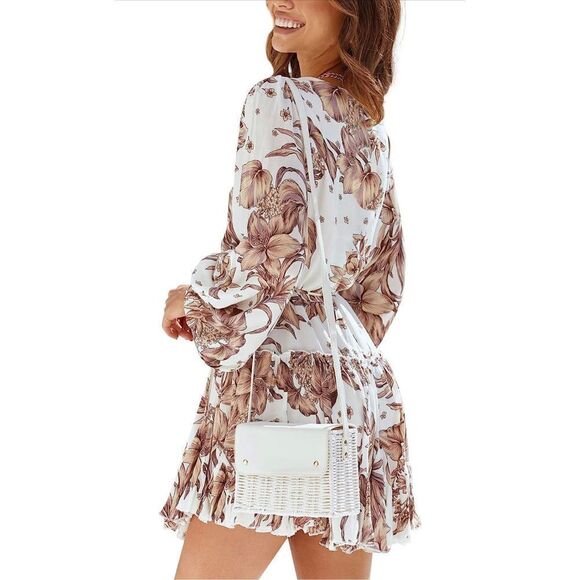 NEW Casual Mini Dress Floral Crew Neck Waist Tie Ruffle Hem S - Picture 2 of 4